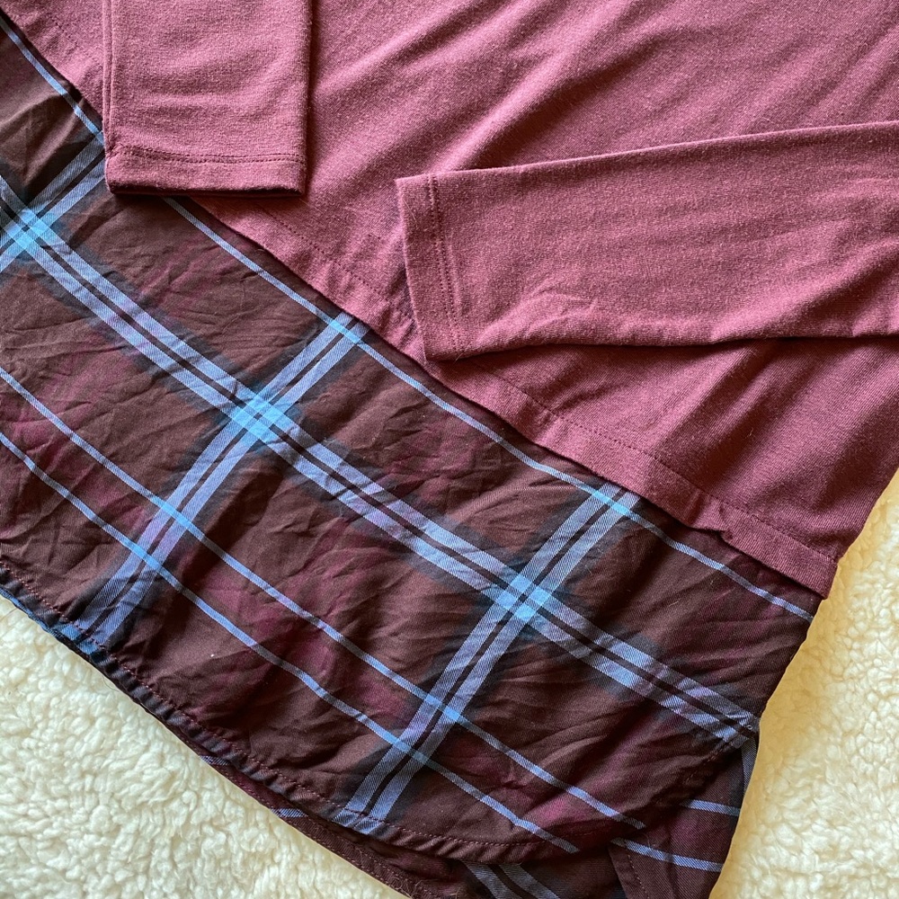 LOFT Burgundy knit tee with plaid detail - Picture 6 of 8